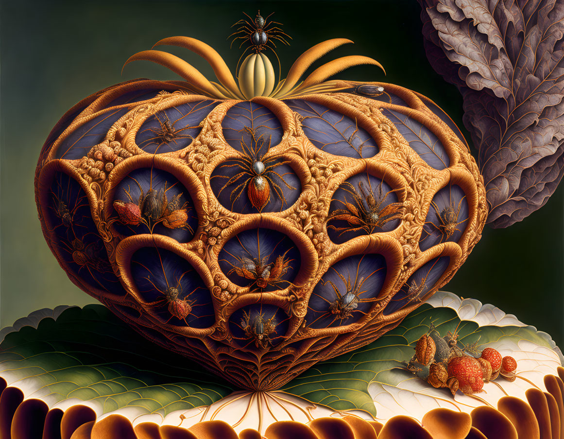 Intricately designed pumpkin-like object with leaves and gourds on patterned surface