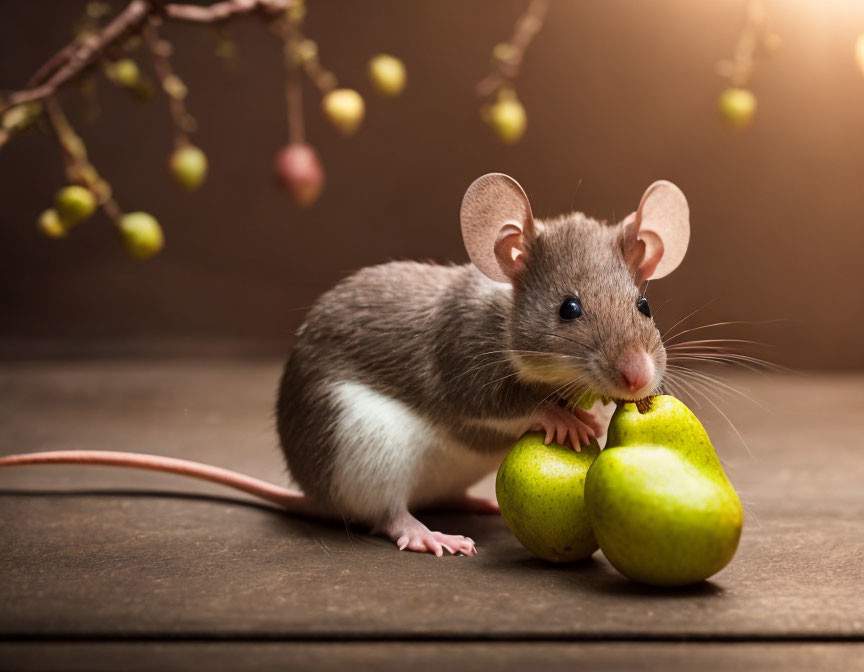 Adorable mouse eating green pears under soft lighting