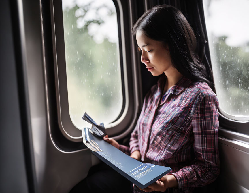 Woman Reading Book in Train Compartment During Rainstorm