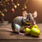 Adorable mouse eating green pears under soft lighting