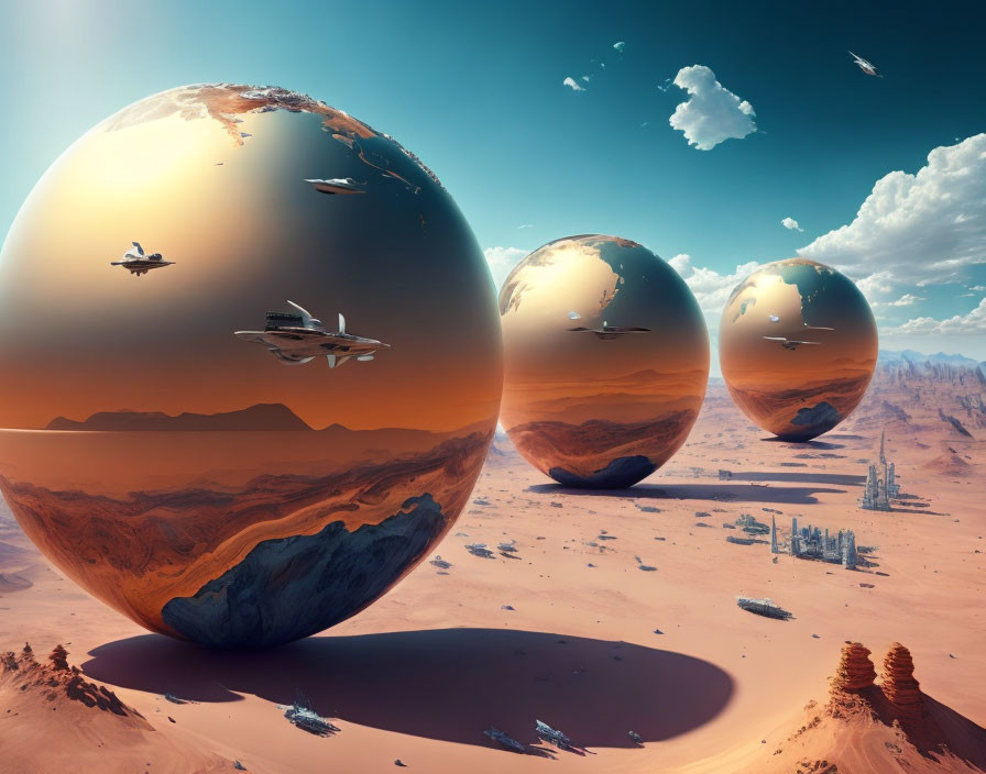 Surreal landscape with giant reflective spheres, spaceships, and futuristic structures