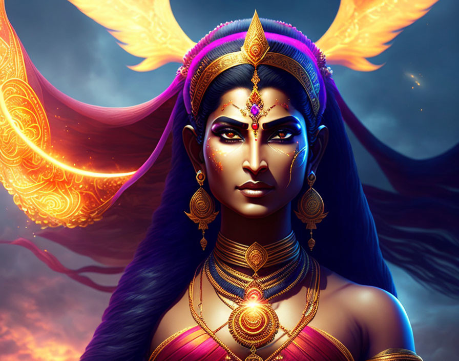 Blue-skinned female figure with gold jewelry and pink scarf under fiery wings on dramatic sky