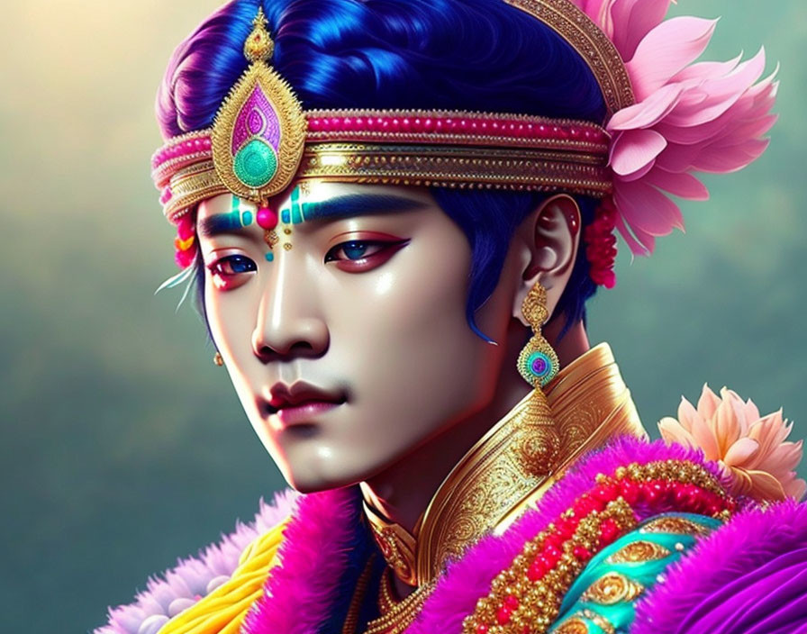 Digital portrait of a person in royal attire with jewel-encrusted accessories and traditional makeup.