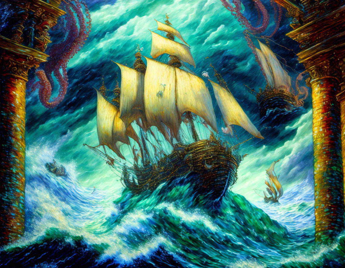 Sailing ship in tumultuous seas with giant tentacles under dramatic sky