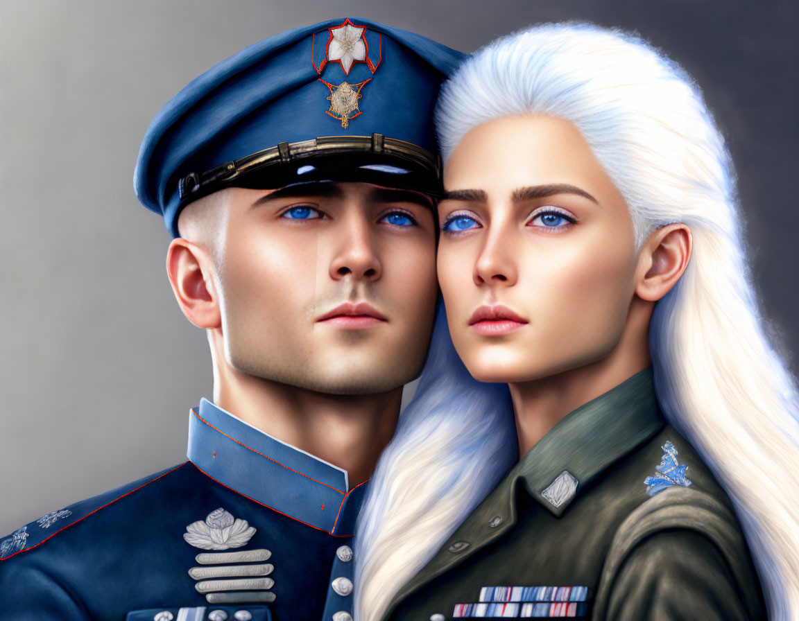 Military-themed digital artwork featuring a man and woman in uniforms with stylized features.