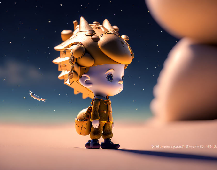 Stylized 3D illustration of child with oversized crown under twilight sky