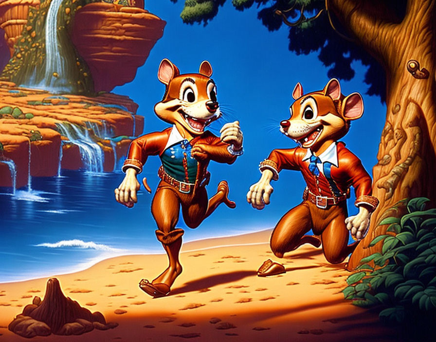 Cartoon chipmunks in cowboy outfits with waterfall and tree backdrop