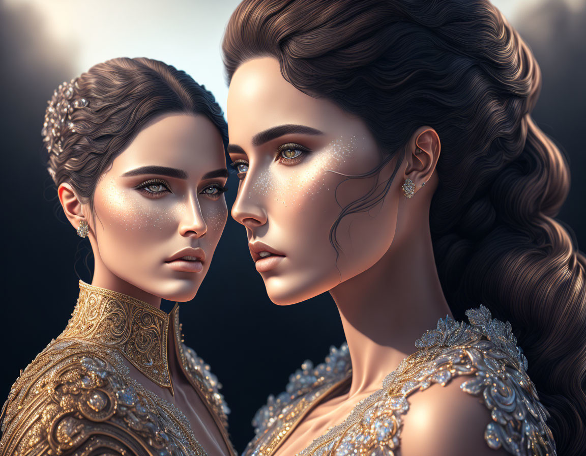 Two women with intricate hairstyles and ornate gold attire, featuring luminescent freckles.