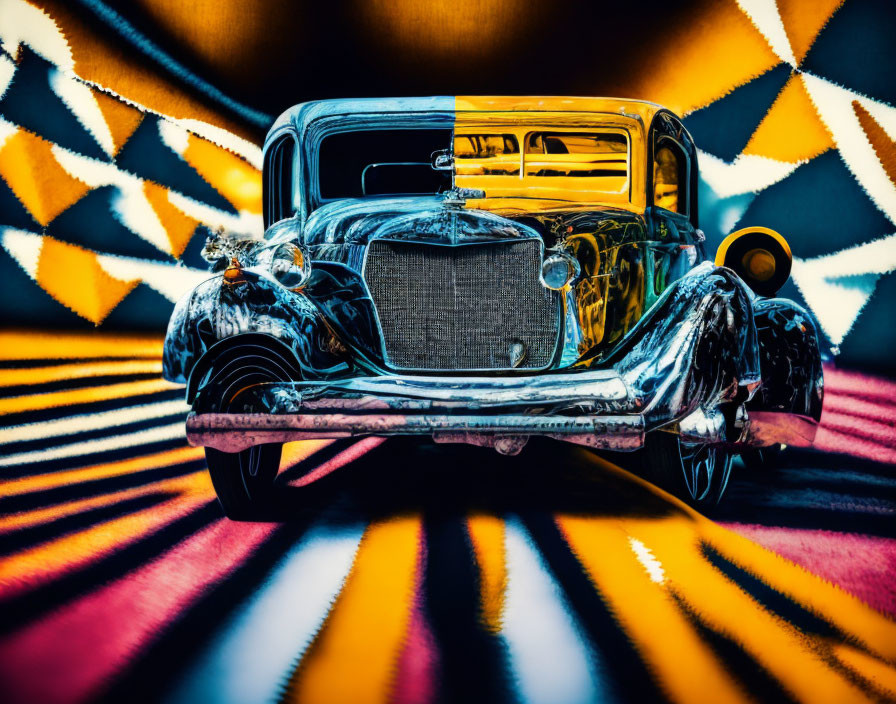 Vintage Car Model on Vibrant Zigzag Background