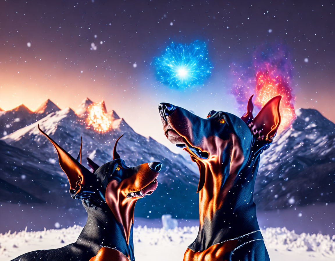 Two Doberman Dogs Stargazing in Snowy Mountain Landscape