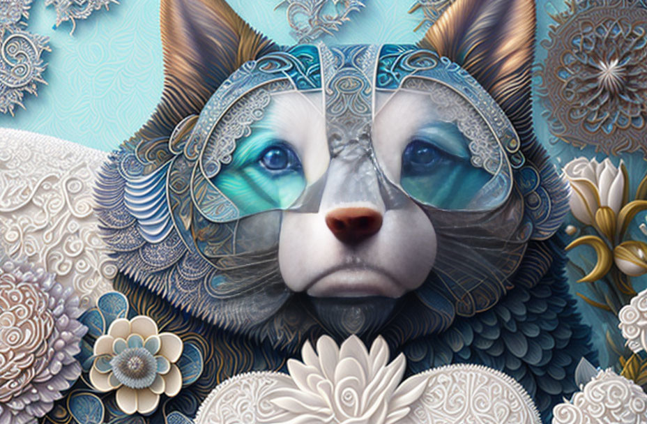 Stylized cat face digital art with vibrant blue eyes & intricate patterns