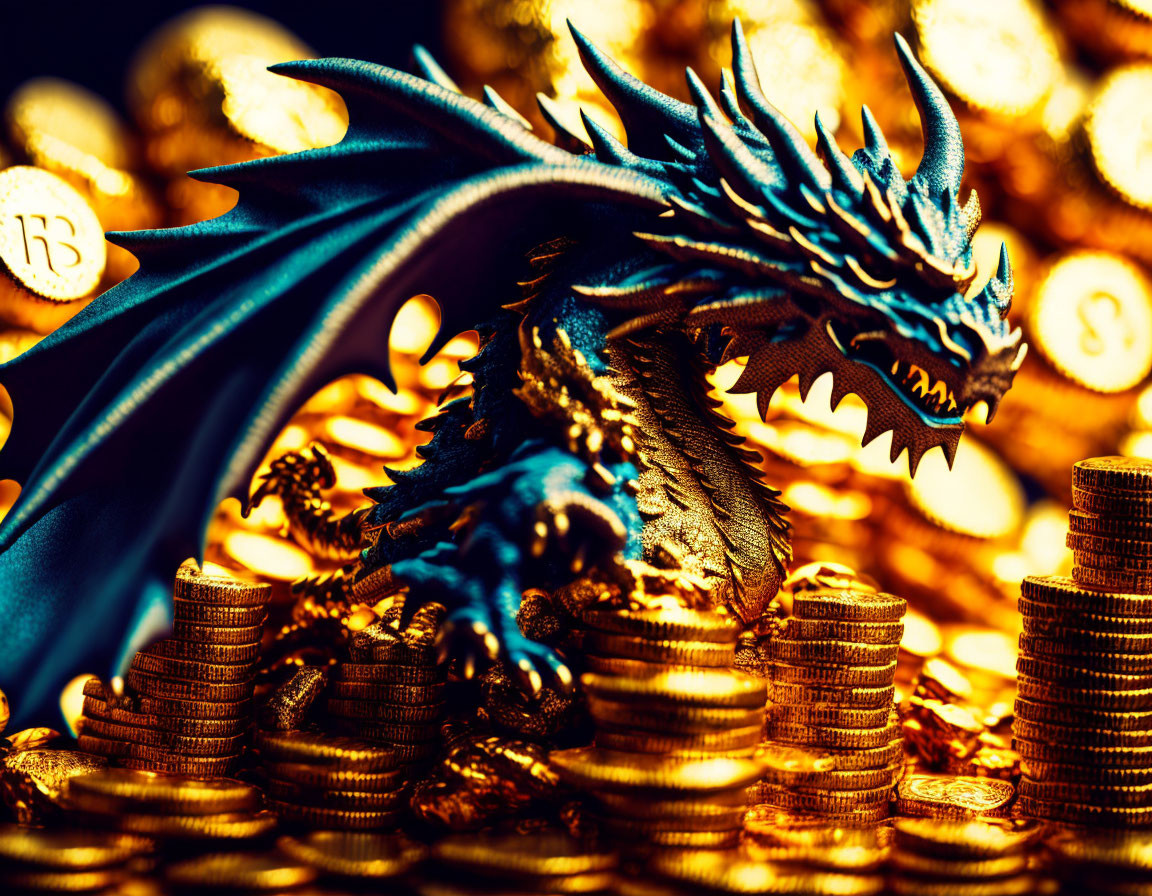 Blue Dragon Figurine on Golden Coin Hoard with Bitcoin Symbol - Mythical Vibe