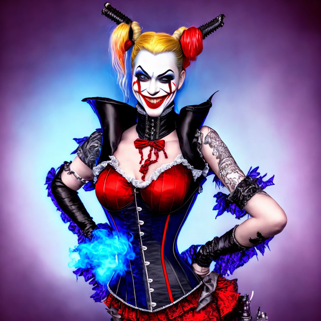 Colorful clown makeup and corset with blue flames on purple background