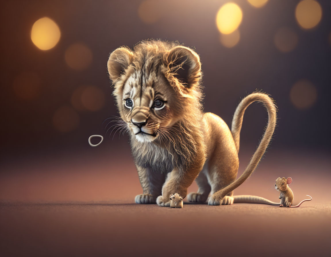 Small Lion Cub and Mouse in Soft-lit Digital Artwork