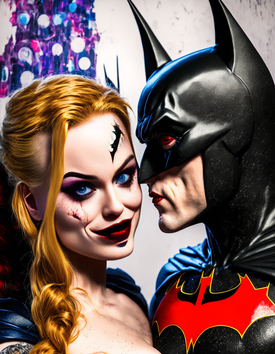 Vibrant comic book characters in clown and bat-themed costumes gazing intimately