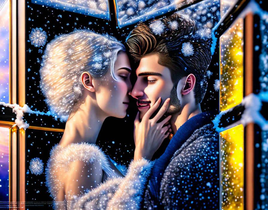 Romantic couple embrace in snowy, starry scene with glowing cubes