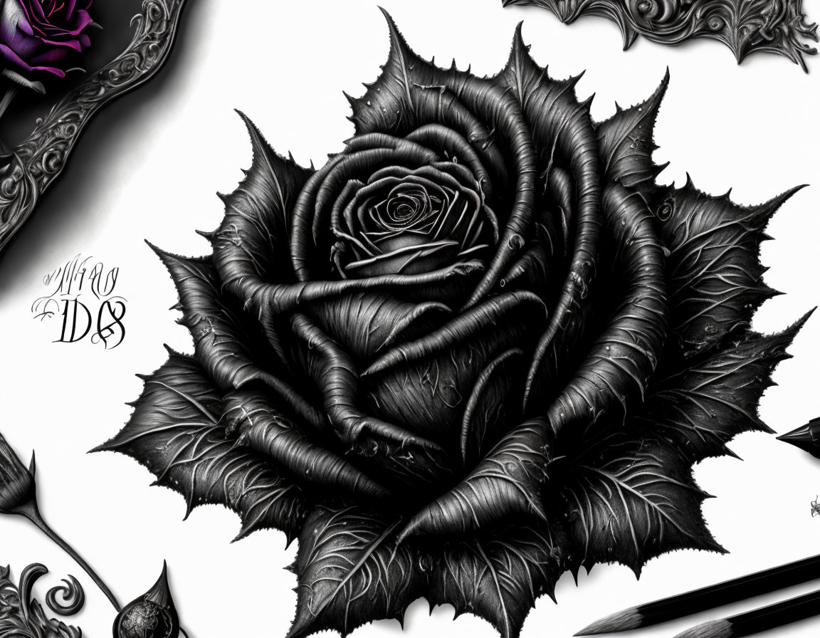 Detailed Black and White Rose Illustration with Elaborate Petals and Thorns