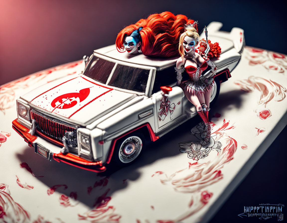 Female character figurines with unique makeup and costumes on model car with red and white splatter patterns.