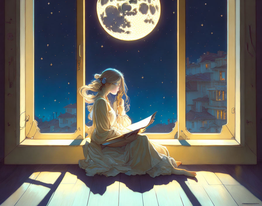 Blonde woman reading by moonlight in cityscape view