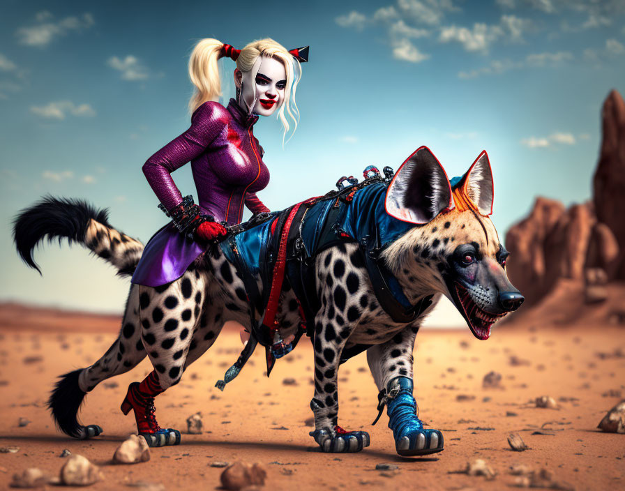 Vibrant woman in costume walks anthropomorphic hyena in desert