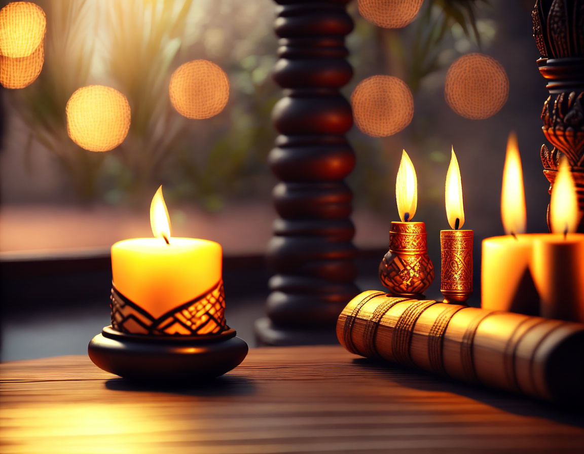 Intricately patterned lit candles on wooden surface with warm bokeh lights