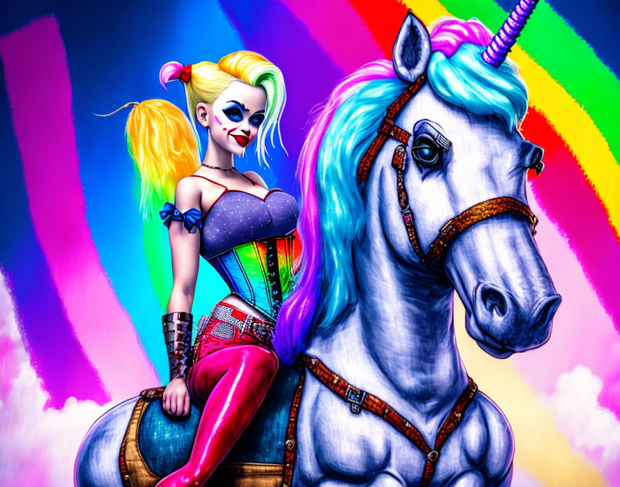 Colorful woman on unicorn under rainbow sky