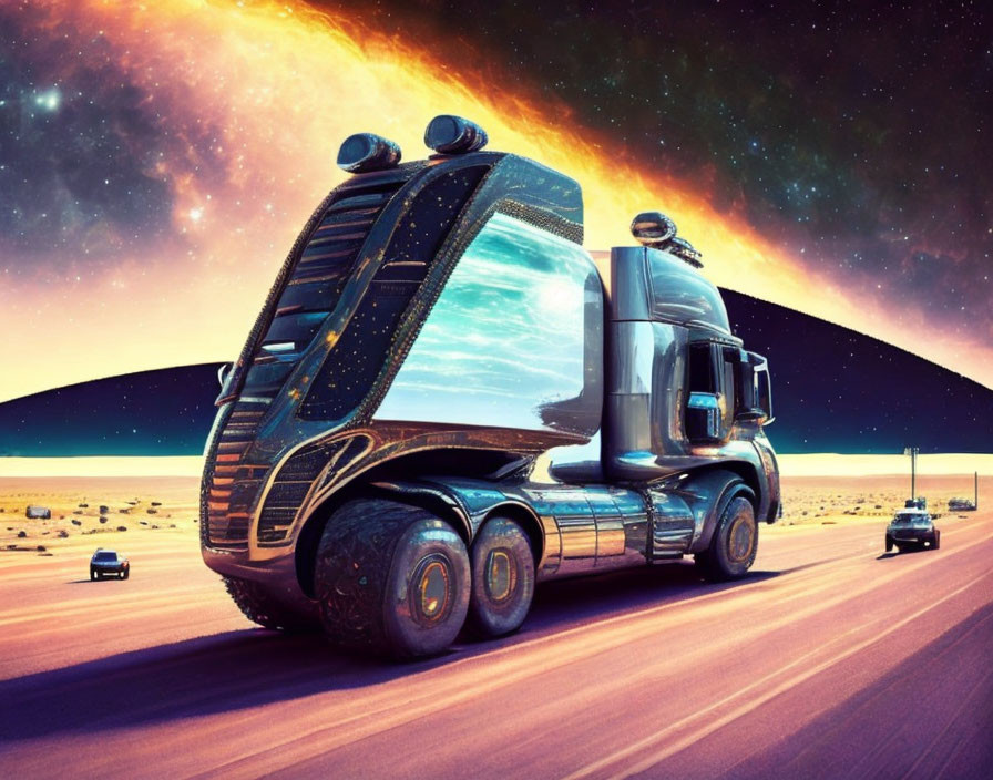 Futuristic illuminated semi-truck on desert road at twilight