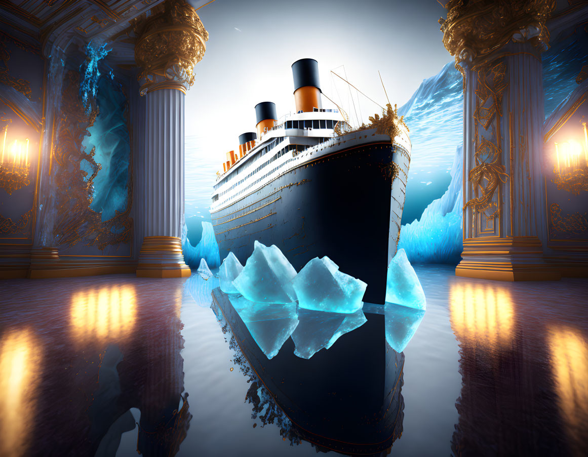 Vintage steamship surrounded by classical columns and floating icebergs indoors