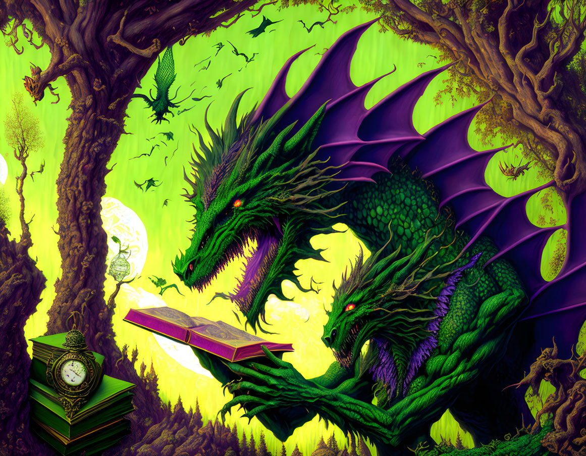 Illustration of Multi-Headed Dragon Reading Book in Enchanted Forest