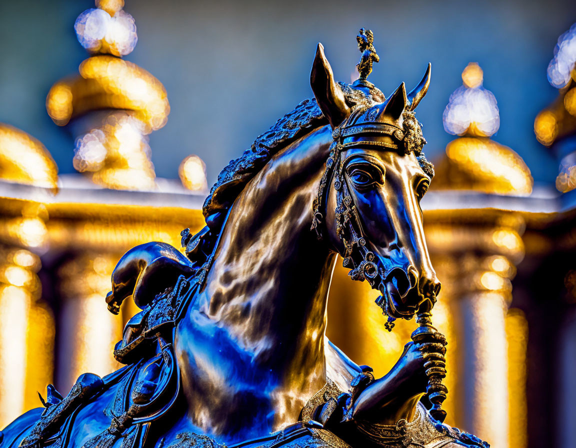 Detailed Bronze Horse Statue Against Blurred Golden Background