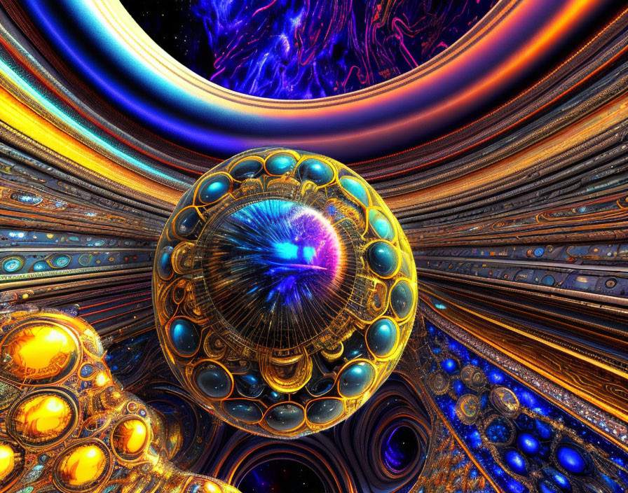 Colorful Fractal Image with Central Sphere and Swirling Patterns