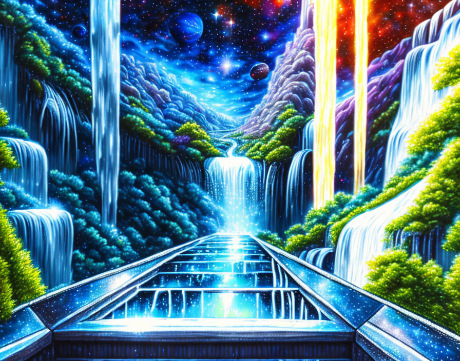 Surreal landscape with glowing bridge, waterfalls, lush foliage, starry sky.