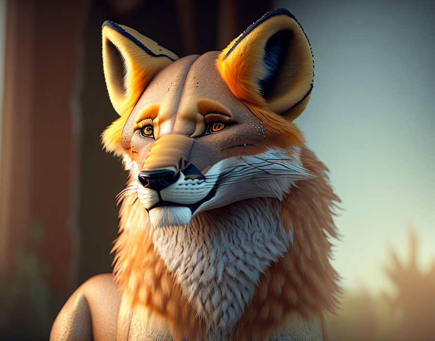 Detailed 3D anthropomorphic fox illustration with expressive eyes and fur details