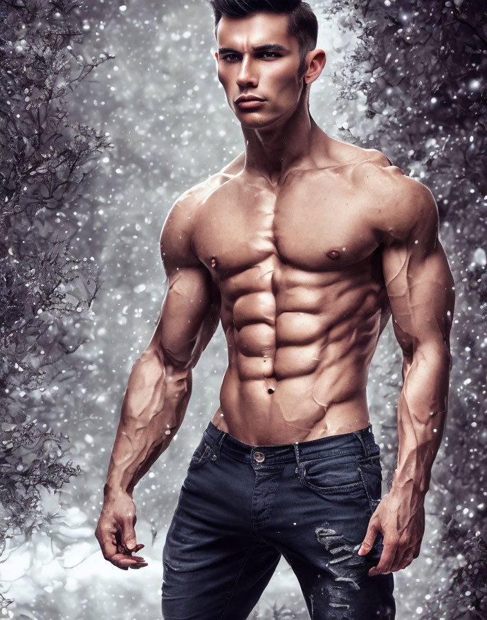 Muscular man posing in snowy landscape wearing jeans