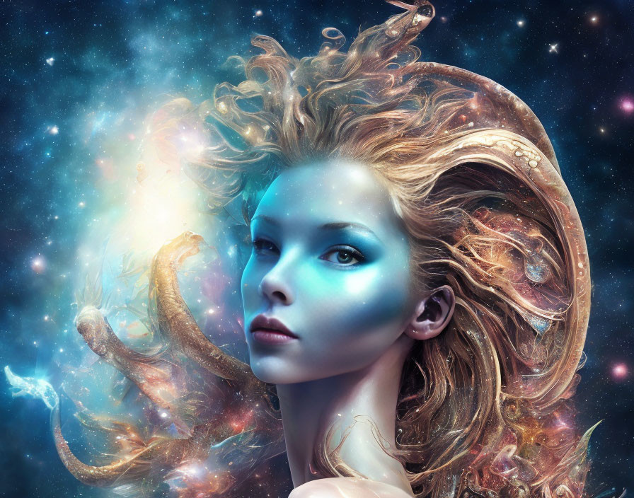 Fantastical portrait of a woman with cosmic elements and swirling hair