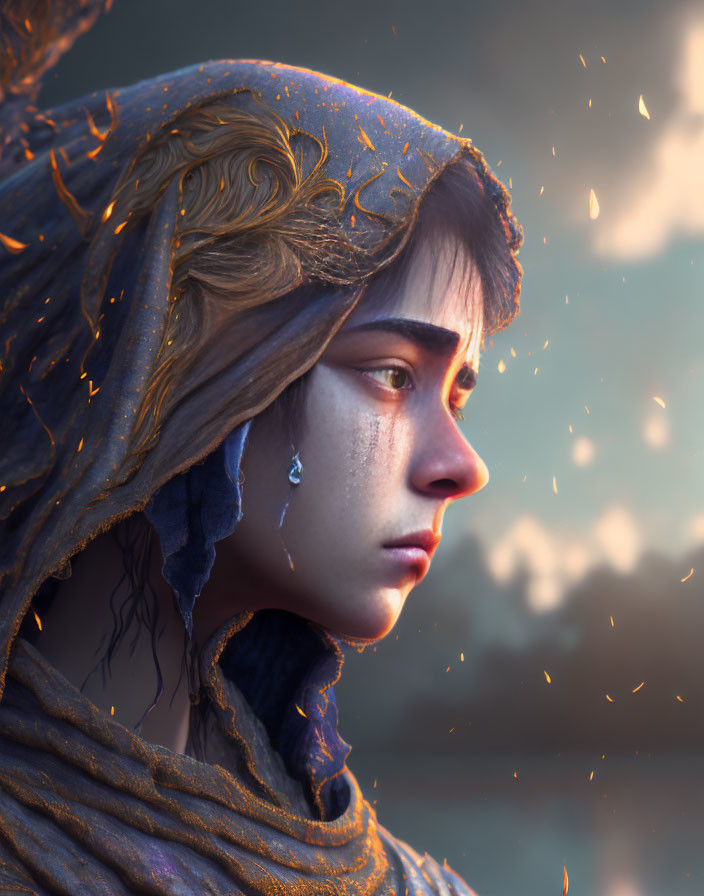 Sorrowful woman with tears, orange and blue cloak, floating embers