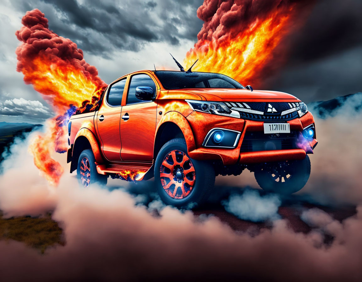 Stylized image of orange pickup truck with flames and smoke effects