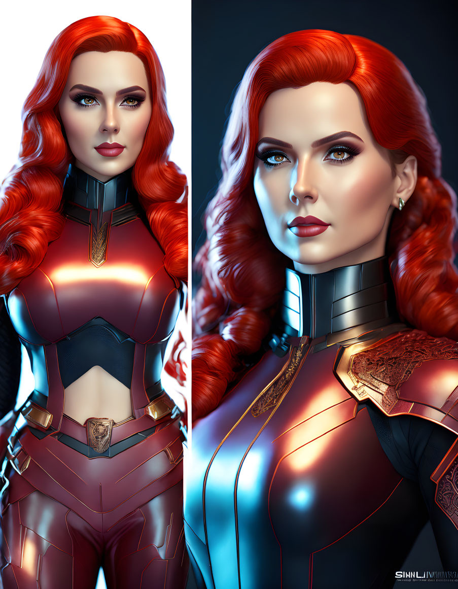 Vibrant red-haired woman in armored suit with dual portrait and lighting shifts