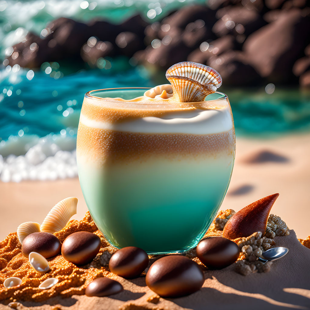 Layered Blue and Cream Tropical Cocktail on Sandy Beach with Shell and Starfish