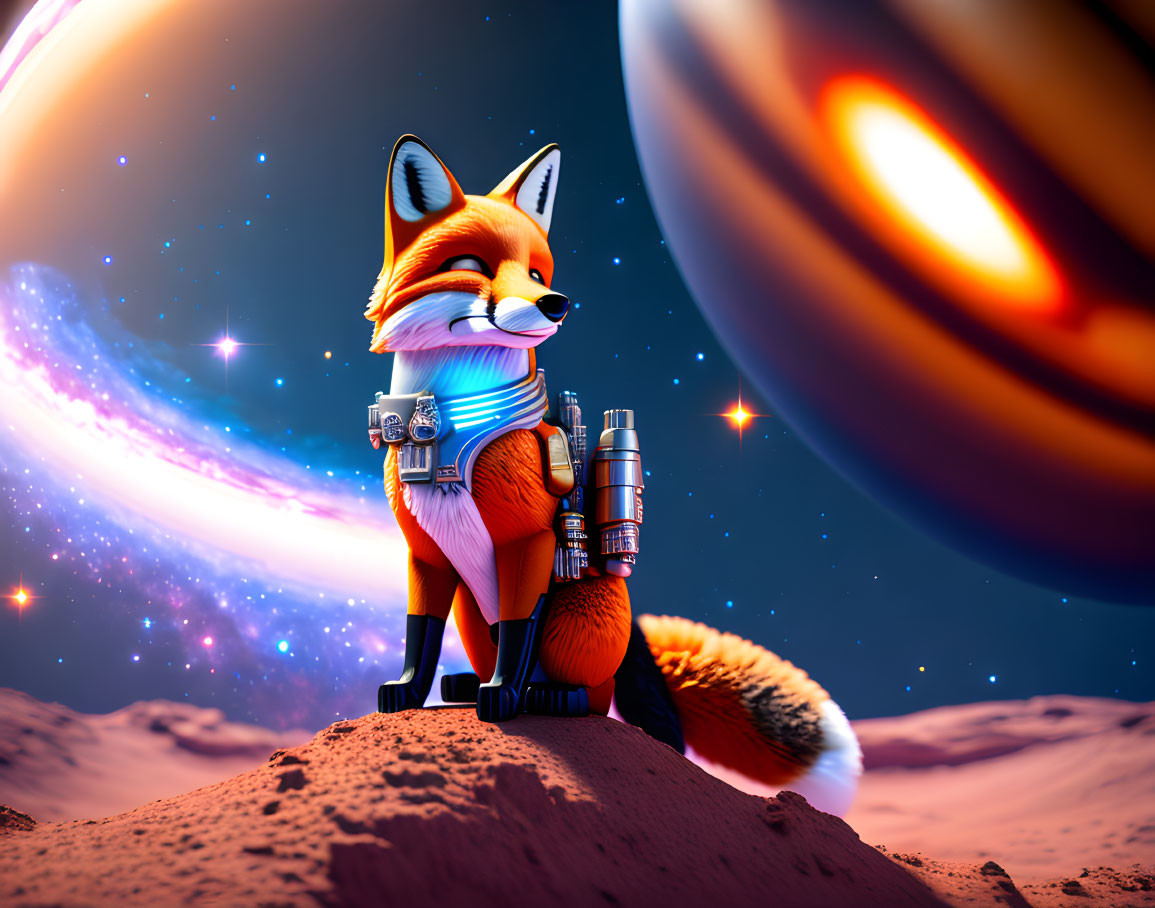 Anthropomorphic fox in spacesuit on rocky alien landscape