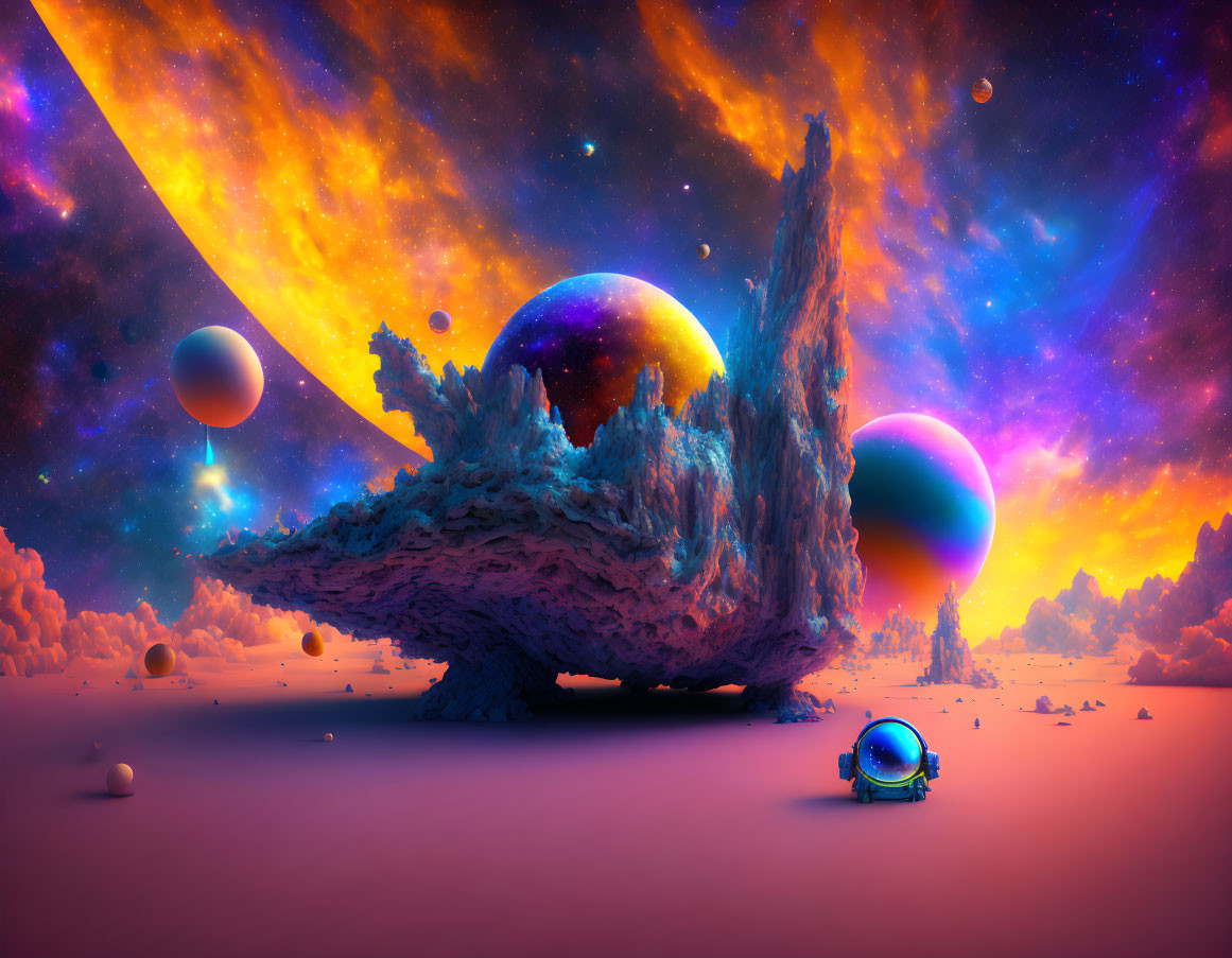 Colorful Alien Landscape with Floating Orbs, Spaceship, and Nebula