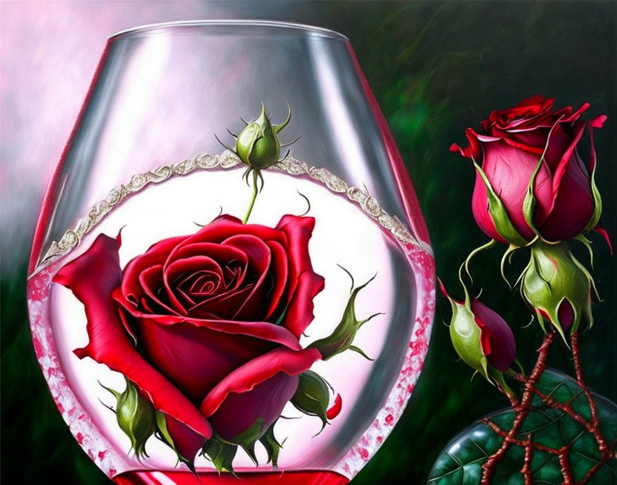 Red rose in wine glass with blooming rose and bud on dark background