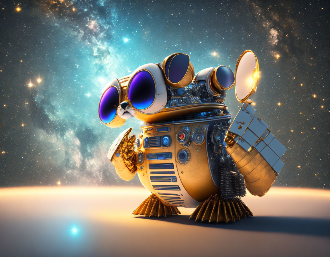 Golden Accented Robotic Owl Floating in Space