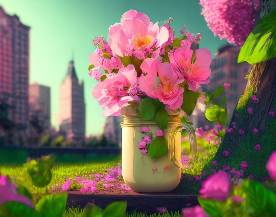 Pink Blossoms Bouquet in Mason Jar Against Cityscape and Foliage