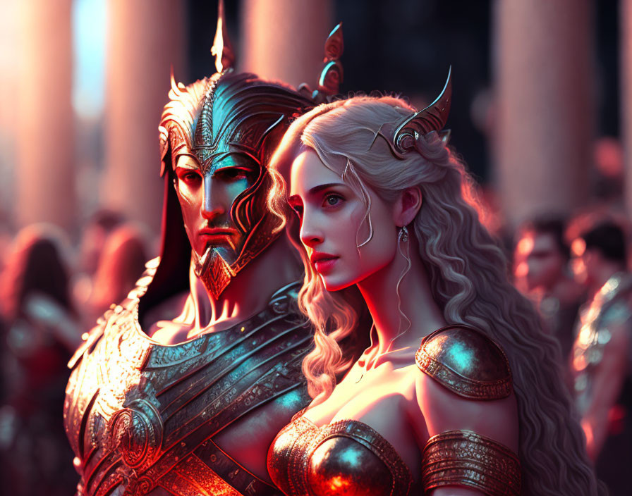 Ethereal male and female characters in ornate armor with fantasy aesthetic among a crowd with warm lighting