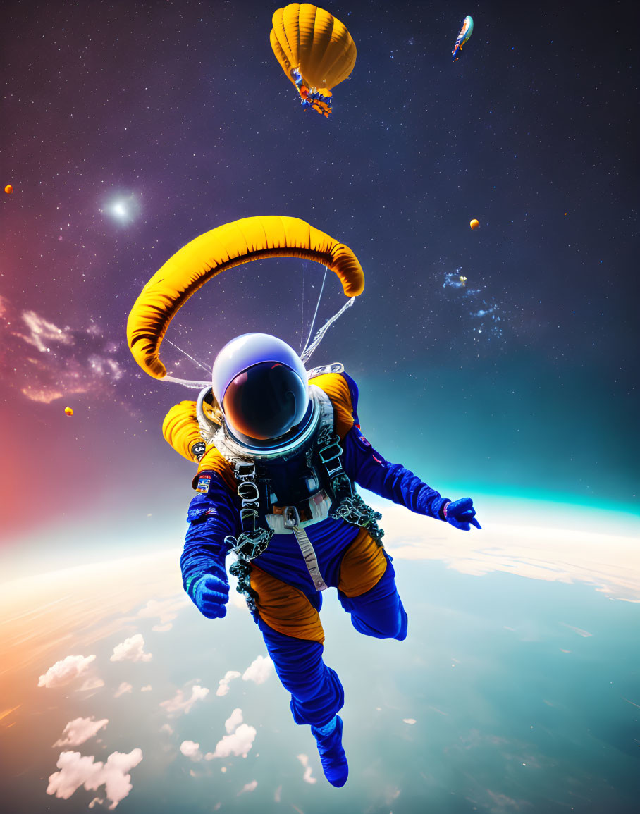 Astronaut skydiving with parachute in surreal space scene above Earth