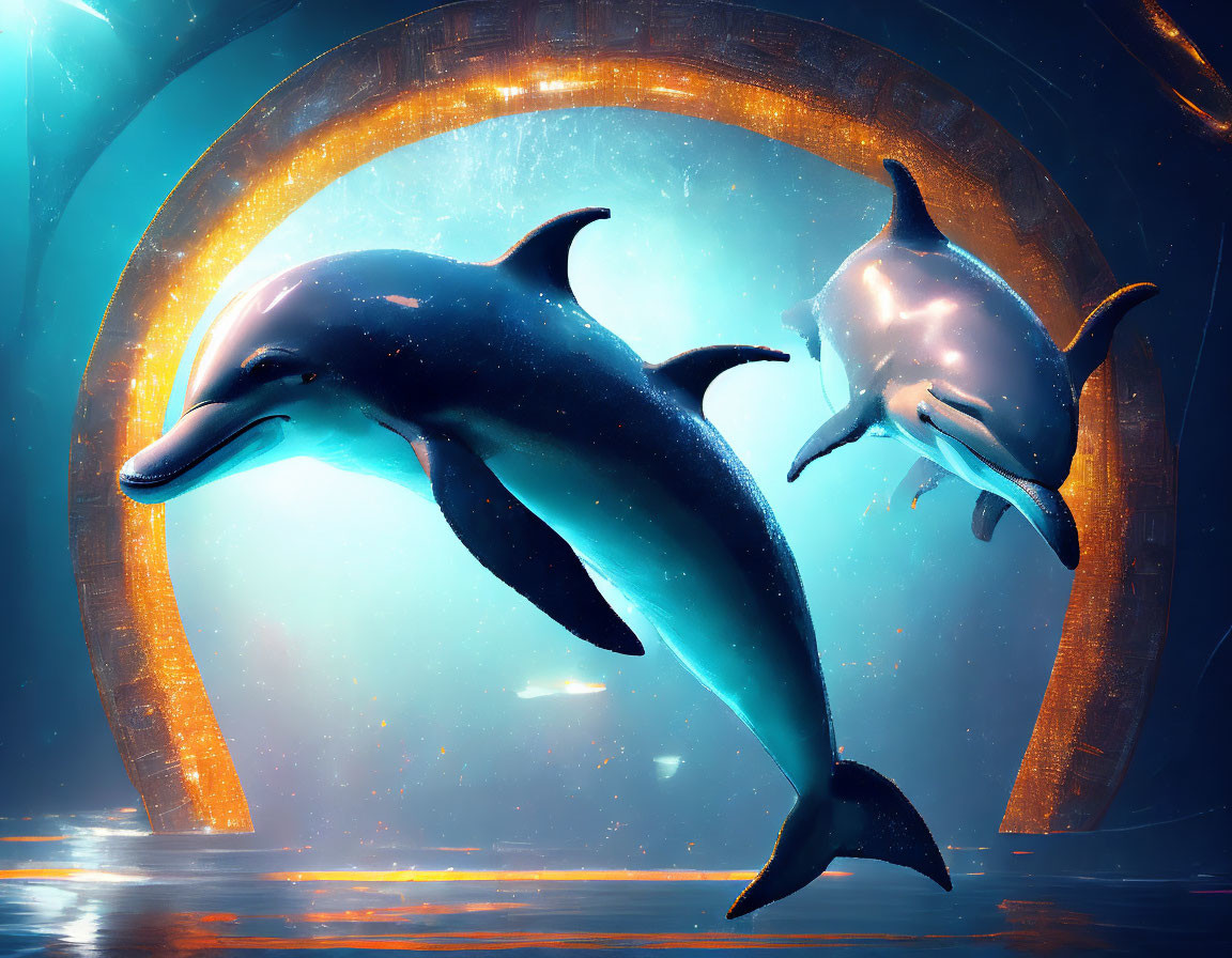 Two leaping dolphins in futuristic underwater scene with glowing orange structures