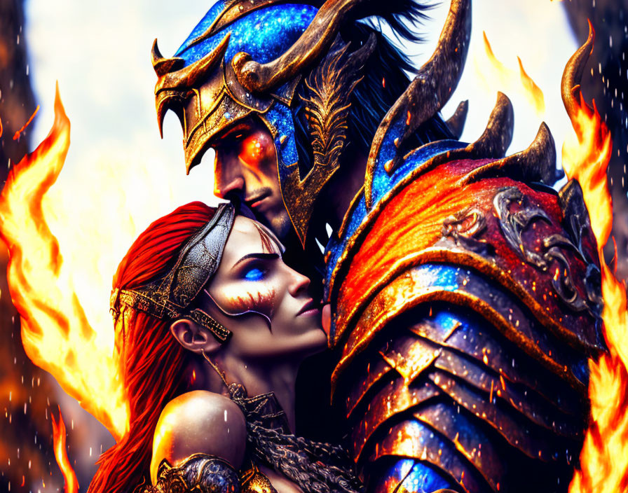 Fantasy Image: Red-Haired Female Warrior Embracing Blue-Skinned Male Warrior Amid Flames