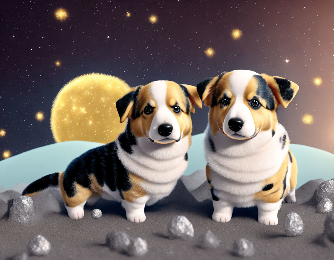 Two corgi puppies on moon-like surface under starry sky