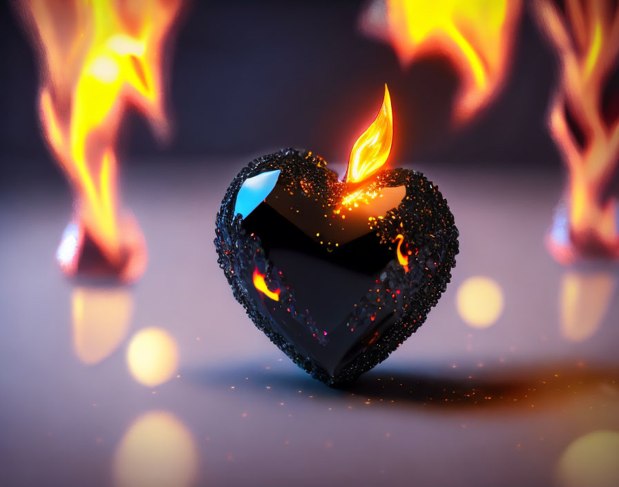 Black 3D-rendered heart with glossy finish and fiery orange flames on soft-focus background